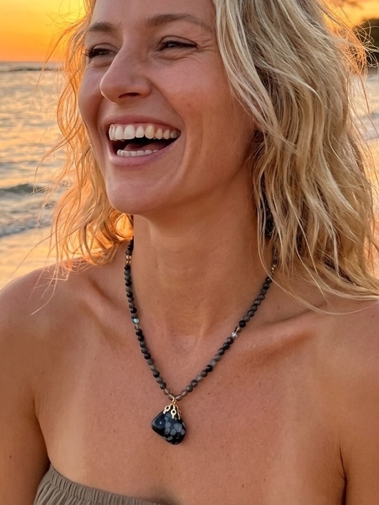 Hand Crafted Jewelry - Artisan Snowflake Obsidian Bead Necklace with Nugget Pendant